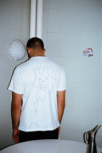 shop Nata studio menswear white t-shirt loose cut wide cut plain front and black outline illustration on back of t-shirt print on back of t-shirt Beirut local production emerging designer Beirut madrid